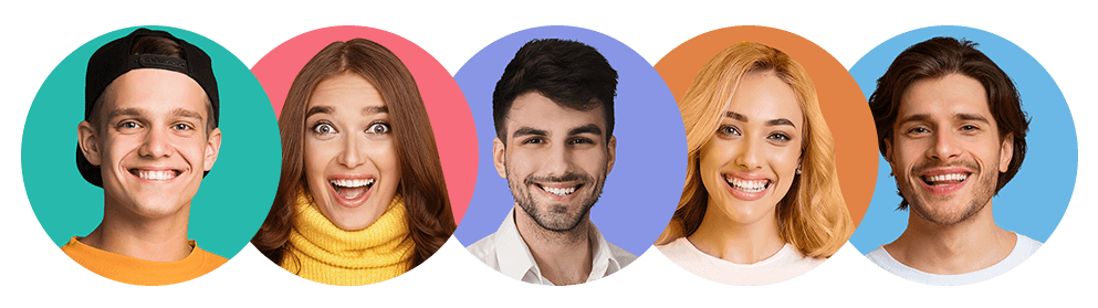 Smiling faces of diverse individuals in colorful circles, representing happy clients or the friendly team at Queen B Cleaning & Disinfecting.