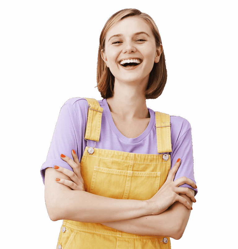 Smiling woman in yellow overalls and purple shirt, arms crossed, representing a friendly face for Queen B Cleaning & Disinfecting services.