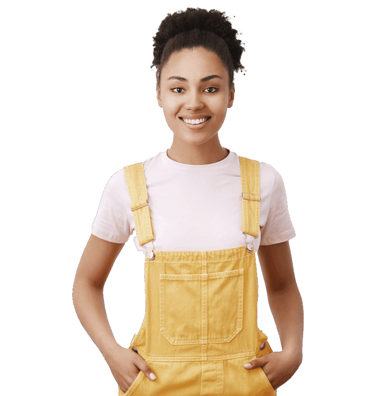 Smiling woman in yellow overalls, representing Queen B Cleaning & Disinfecting's fresh commercial cleaning service.