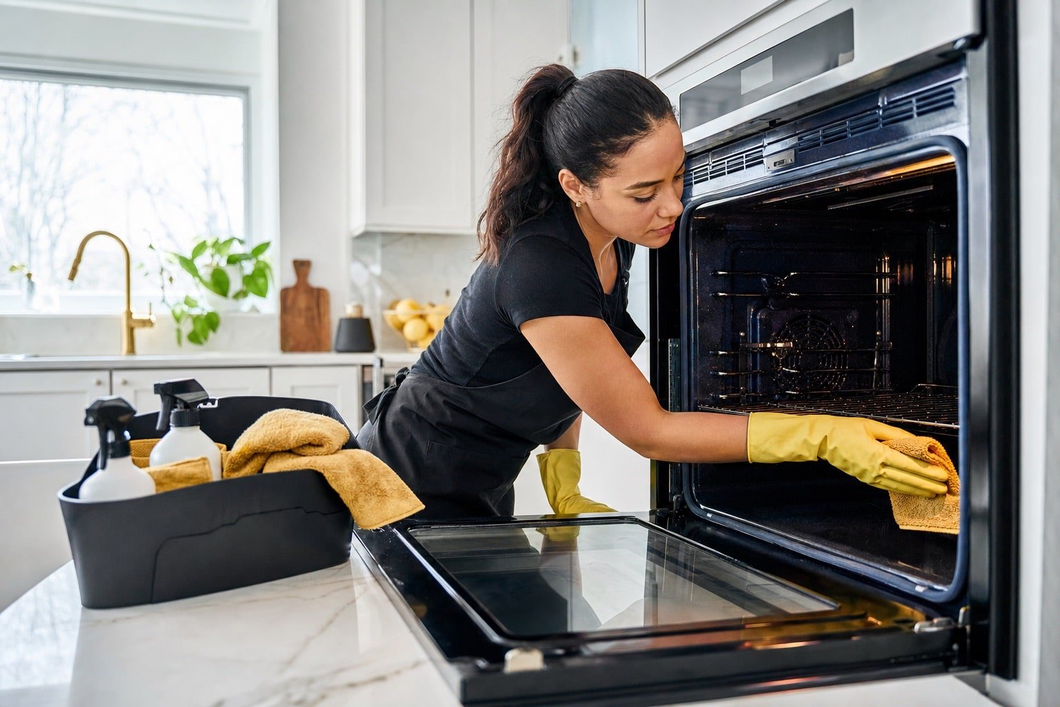 Cleaner deep cleaning an oven in a gleaming white kitchen with gold cleaning supplies