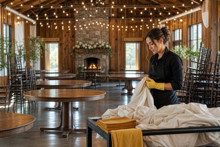 Cleaning professional resetting a barn event venue the morning after a wedding
