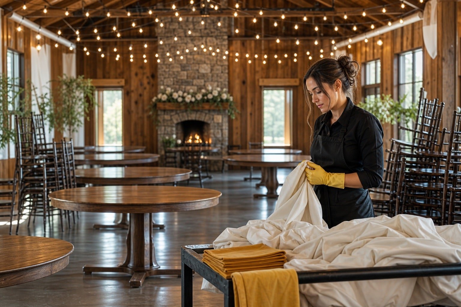Cleaning professional resetting a barn event venue the morning after a wedding