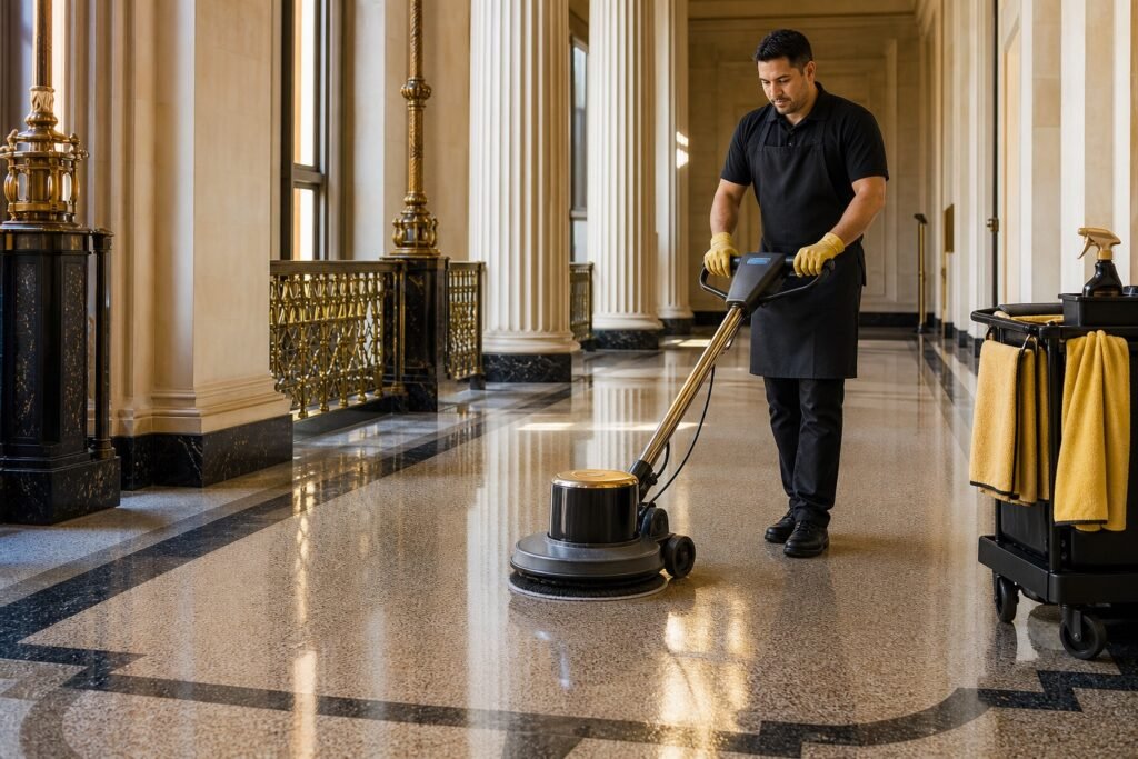 Government Facility Cleaning: What to Require from a Contractor 5 Professional cleaner polishing terrazzo floors in a government building corridor