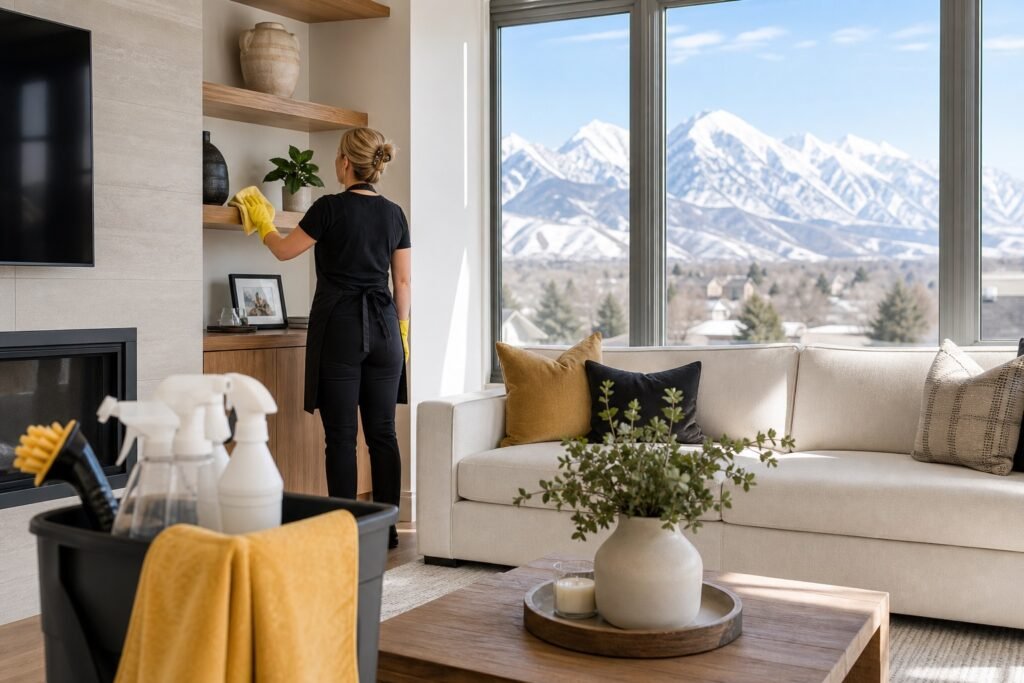 How Much Does House Cleaning Cost in Cache Valley? (2026 Guide) 8 Professional cleaner in black apron and yellow gloves dusting a shelf in a bright Cache Valley living room
