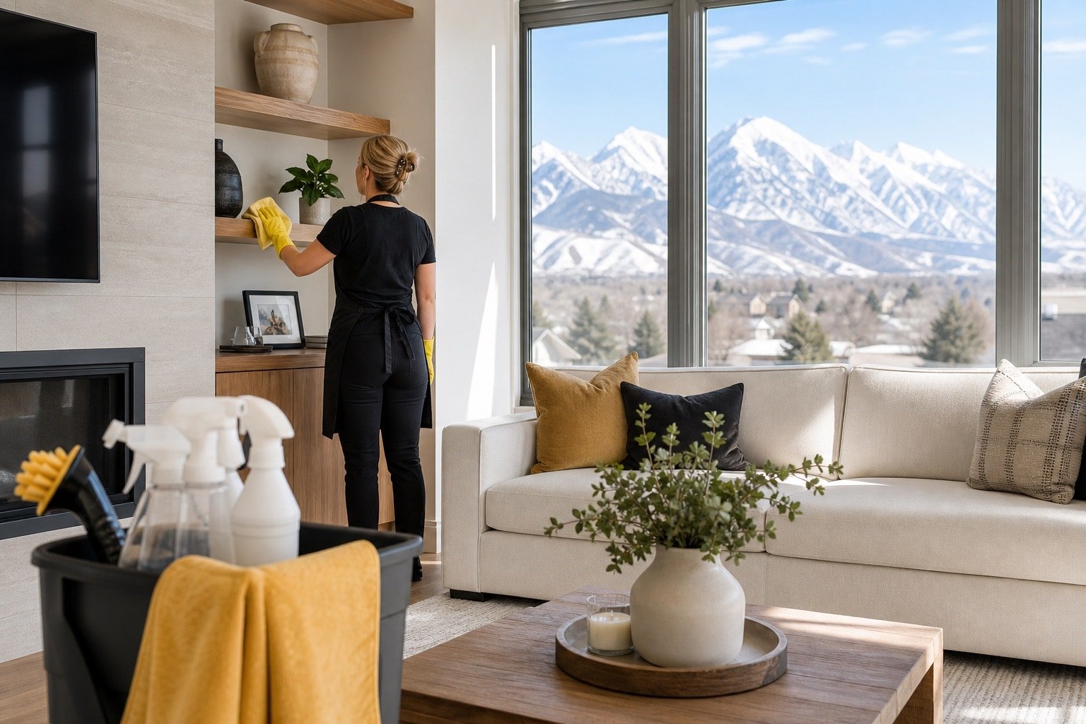Professional cleaner in black apron and yellow gloves dusting a shelf in a bright Cache Valley living room