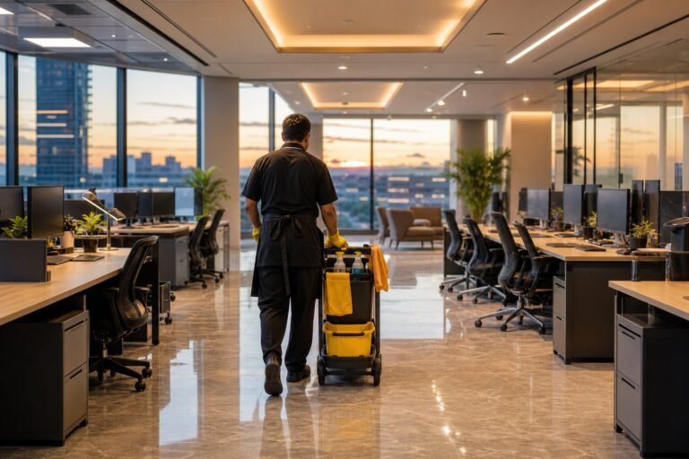 Janitor pushing a cleaning cart through a spotless modern office at dusk