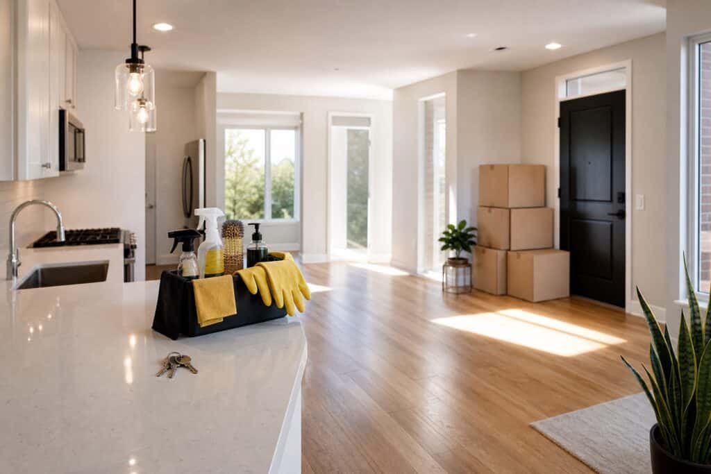 The Complete Move-Out Cleaning Checklist (Get Your Deposit Back) 3 Freshly cleaned empty apartment with moving boxes and keys on the counter