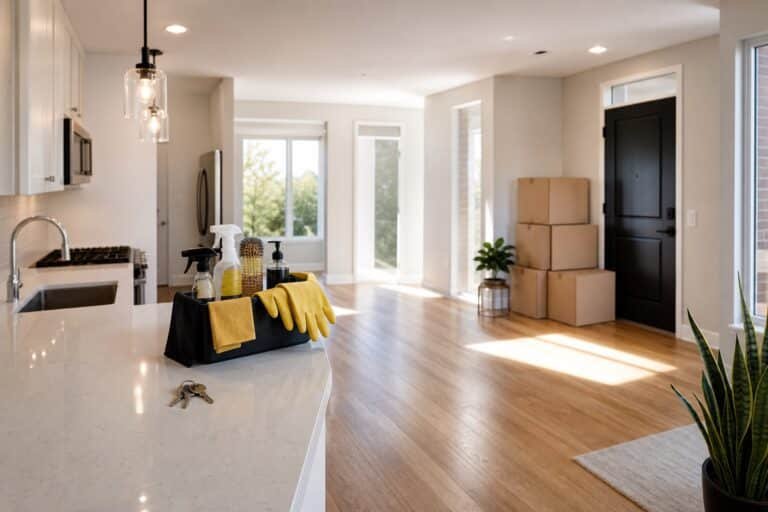 Freshly cleaned empty apartment with moving boxes and keys on the counter
