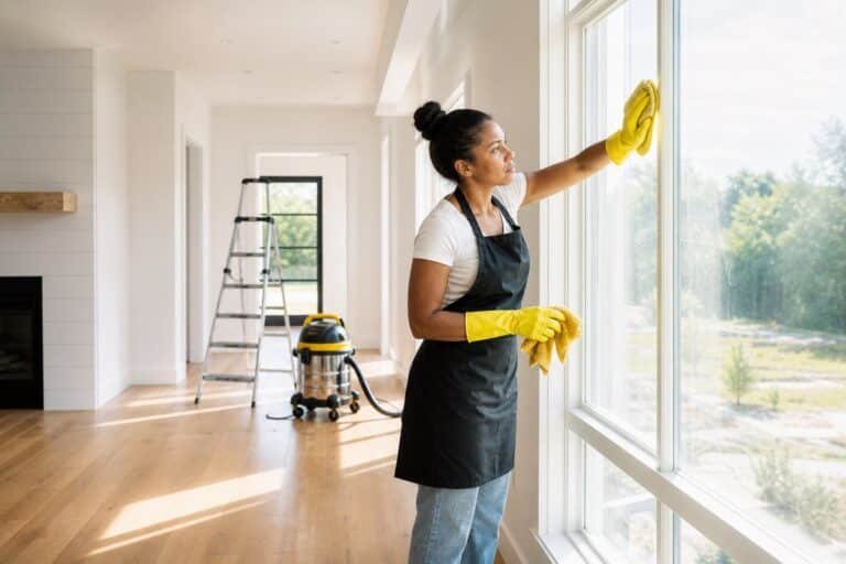 Cleaner wiping a new window in a freshly built home during post-construction cleaning