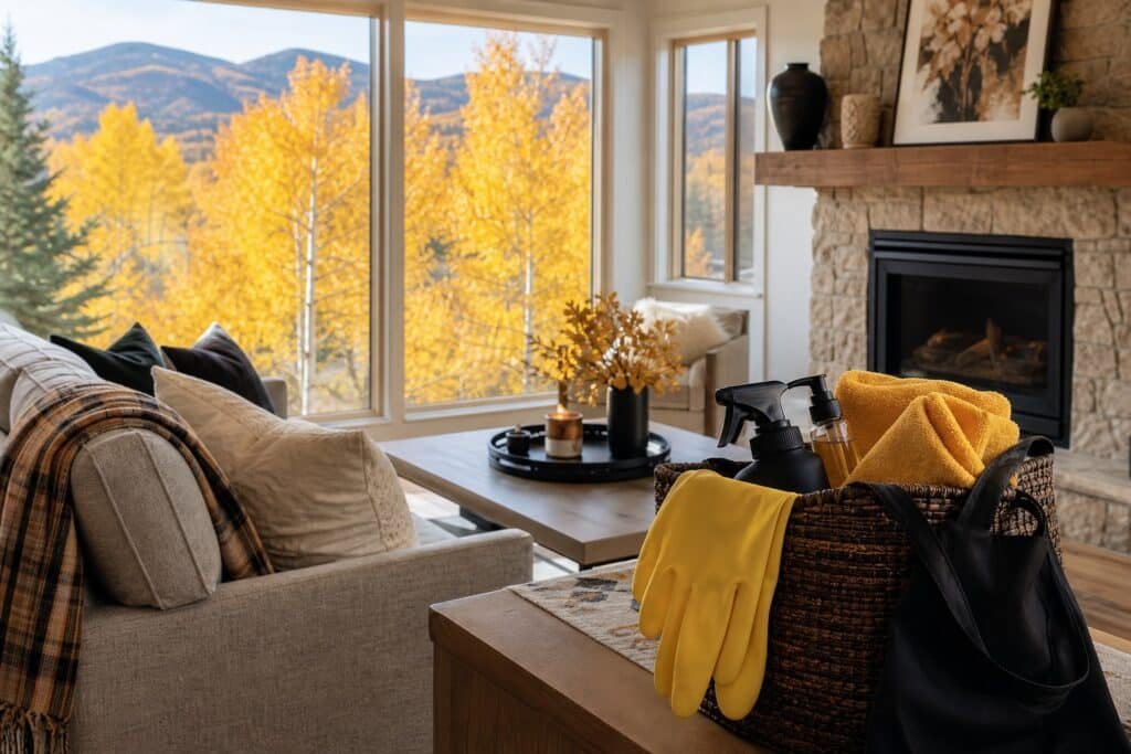 The Cache Valley Seasonal Cleaning Guide: All Four Seasons 1 Cozy Utah living room in autumn with a basket of gold cleaning supplies