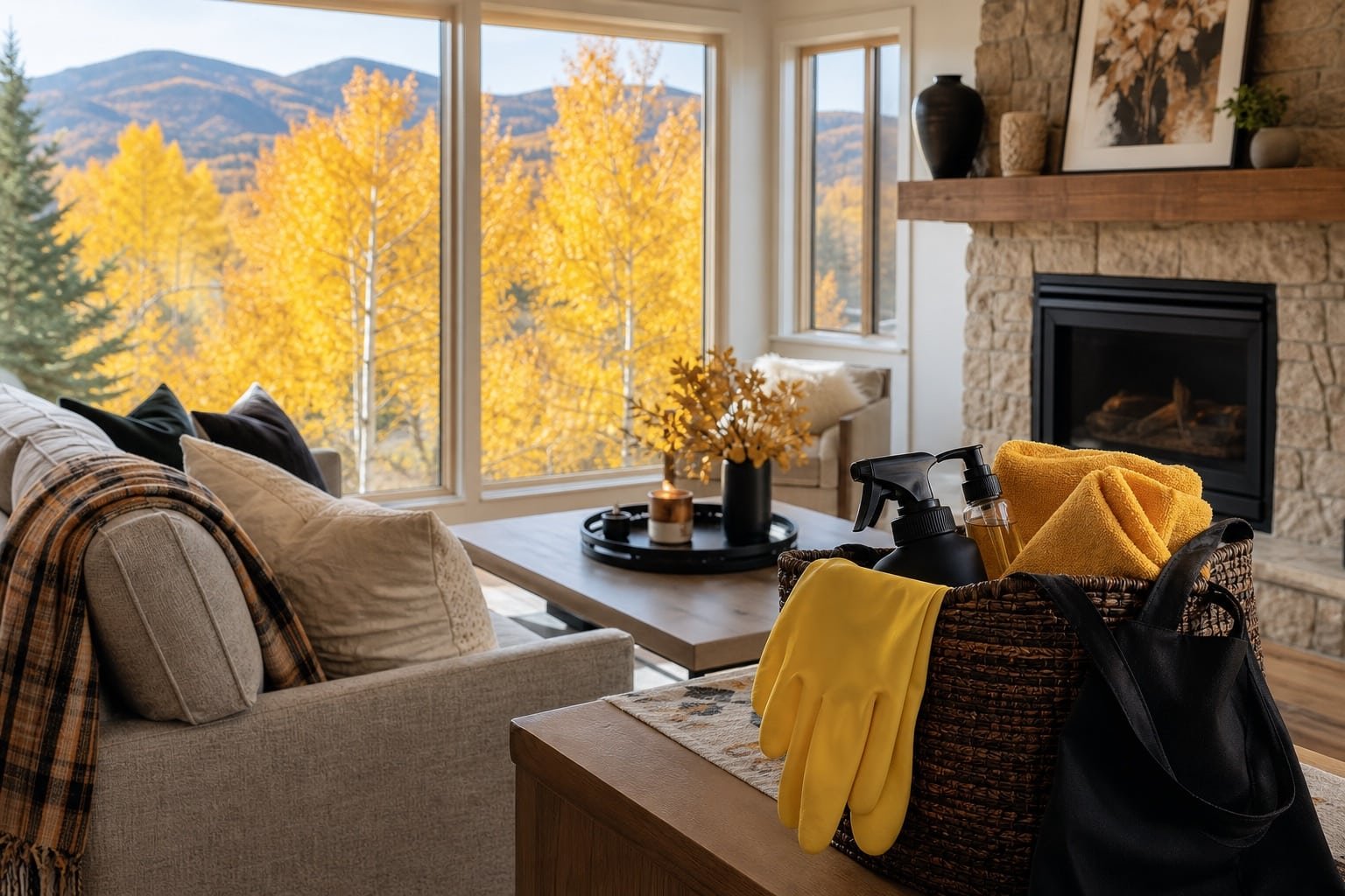 Cozy Utah living room in autumn with a basket of gold cleaning supplies